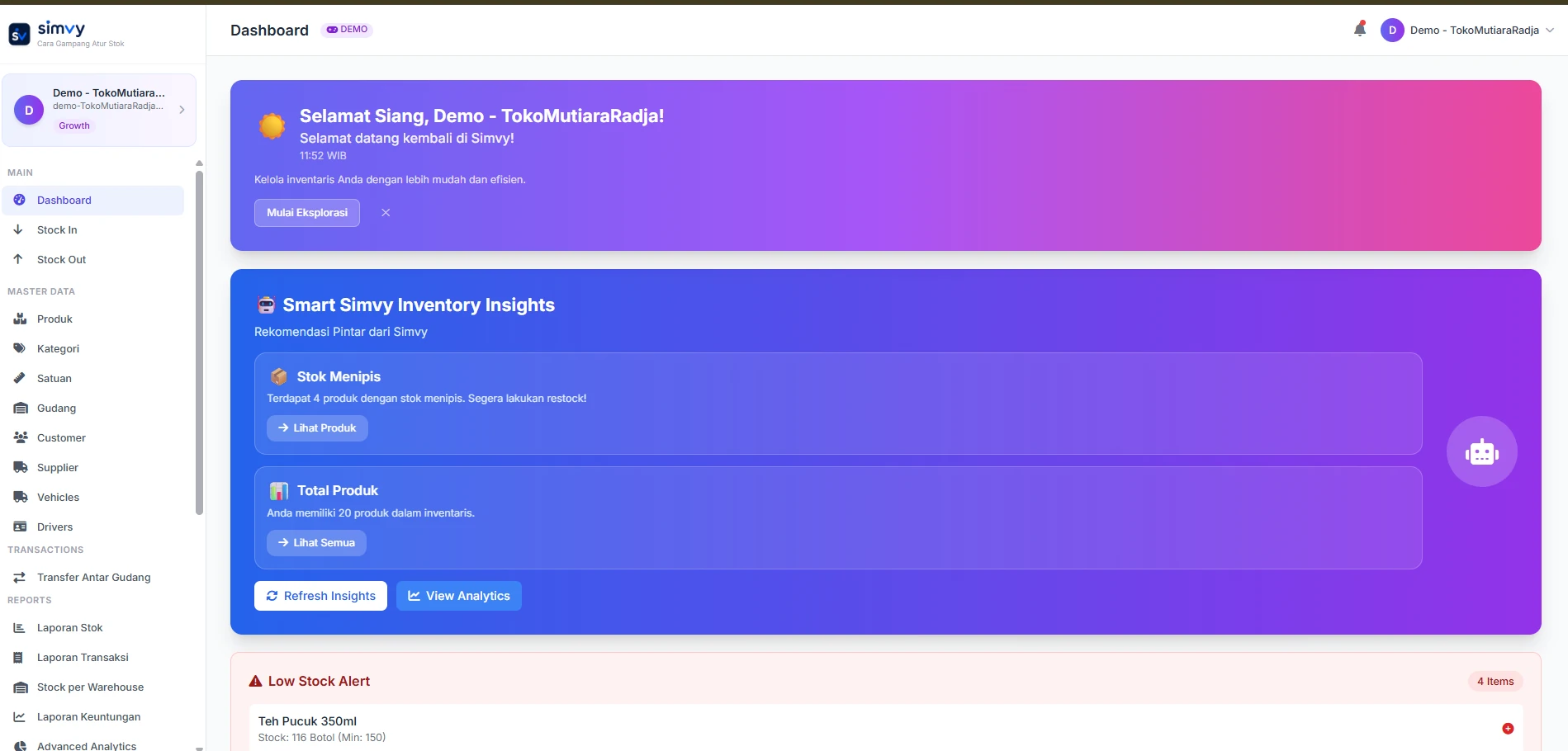 Dashboard SIMVY aplikasi inventory dan manajemen stok berbasis web